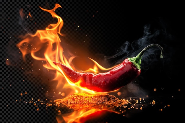 PSD vibrant red chili pepper engulfed in roaring flames on a transparent background