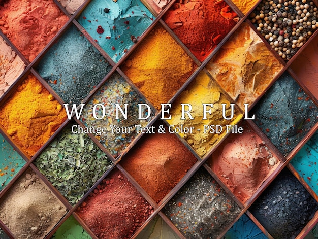 PSD vibrant spices in wooden compartments