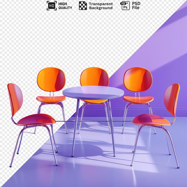 PSD vibrant test prep room with orange red chairs purple wall round table on white floor with silver metal legs