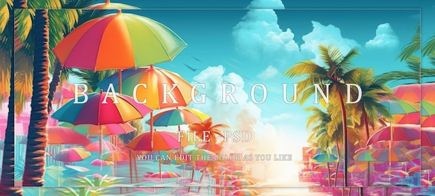 PSD vibrant tropical paradise with colorful umbrellas and palm trees