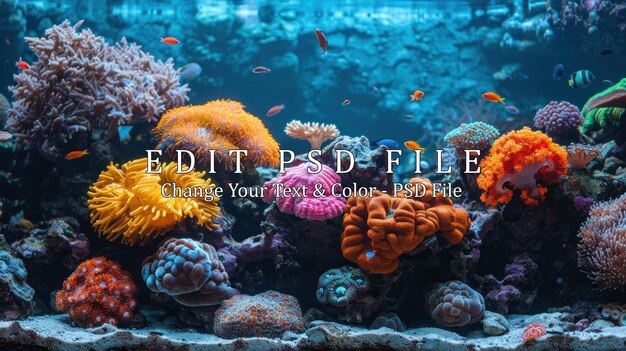 PSD vibrant underwater coral reef with colorful fish