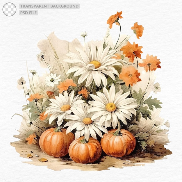 Vibrant Watercolor Autumn Pumpkin With White Flower