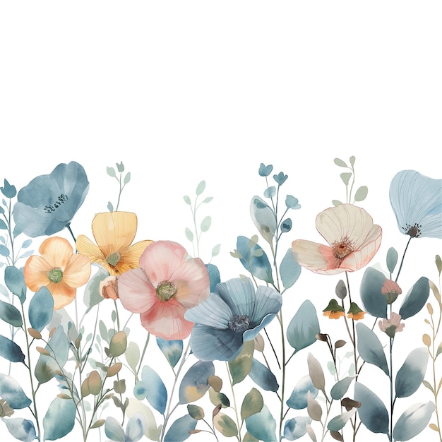 PSD vibrant watercolor wildflowers and foliage against white background capturing natures beauty