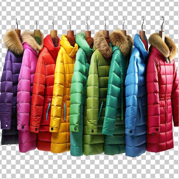 PSD vibrant winter coats hanging on a rack against transparent background