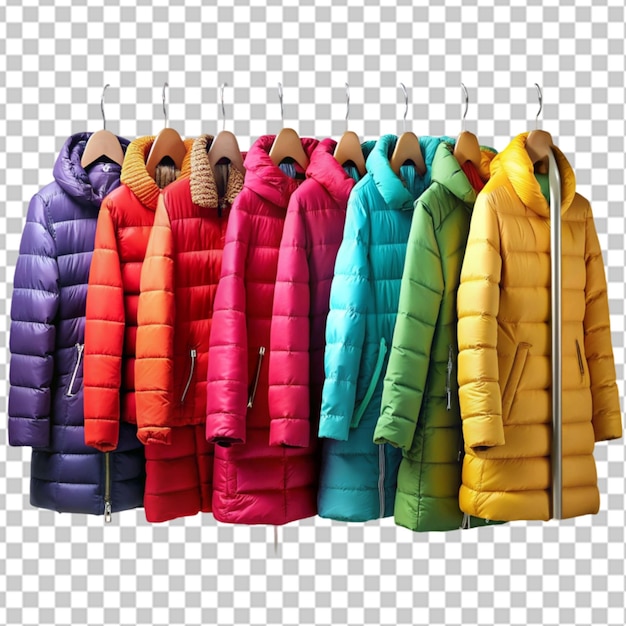 PSD vibrant winter coats hanging on a rack against transparent background