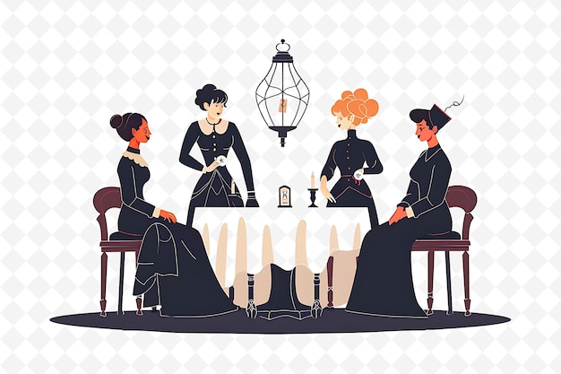 PSD victorian characters attending a seance design is mysterious flat illustration festival theme art