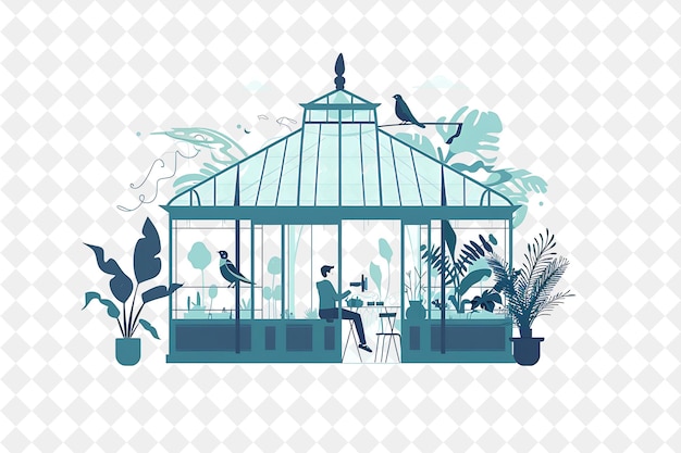 PSD victorian conservatory with birdwatcher characters having a people life style flat illustration