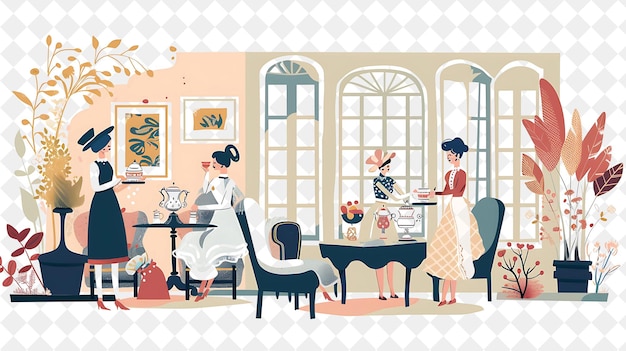 Victorian Mansion With Characters Having a High Tea Design I People Life Style Flat Illustration