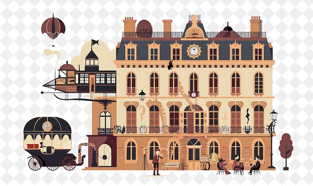 PSD victorian mansion with steampunk characters having a time tr people life style flat illustration