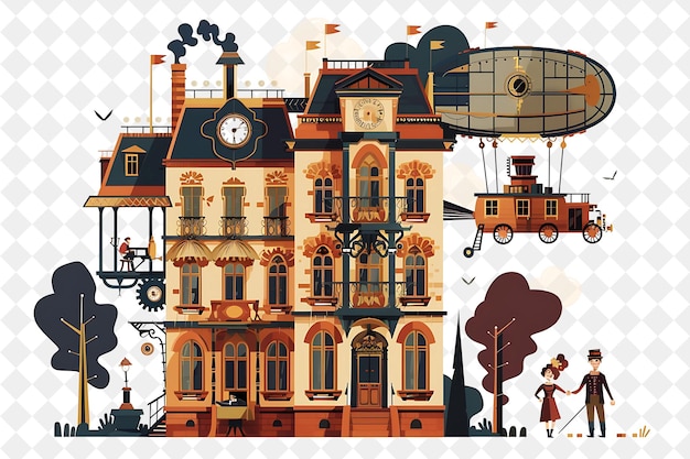 Victorian Mansion With Steampunk Characters Having a Time Tr People Life Style Flat Illustration