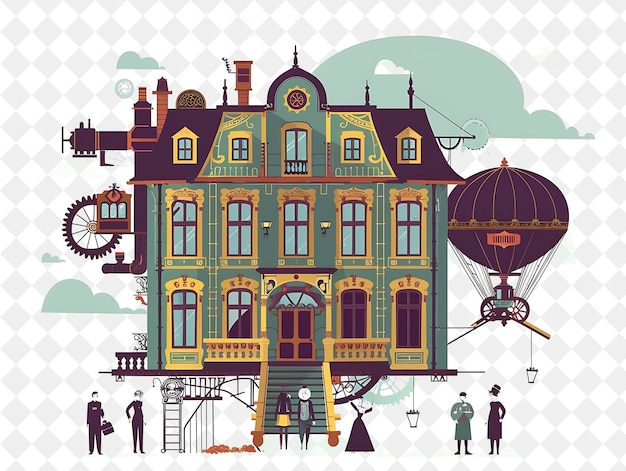 Victorian Mansion With Steampunk Characters Having a Time Tr People Life Style Flat Illustration