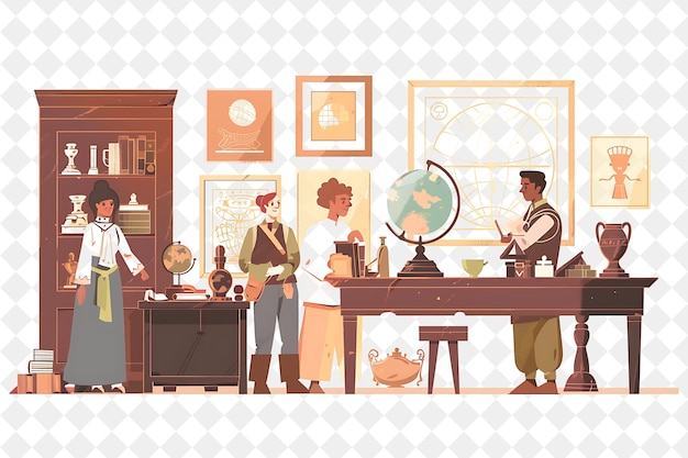 PSD victorian museum with archaeologist characters having a reli people life style flat illustration