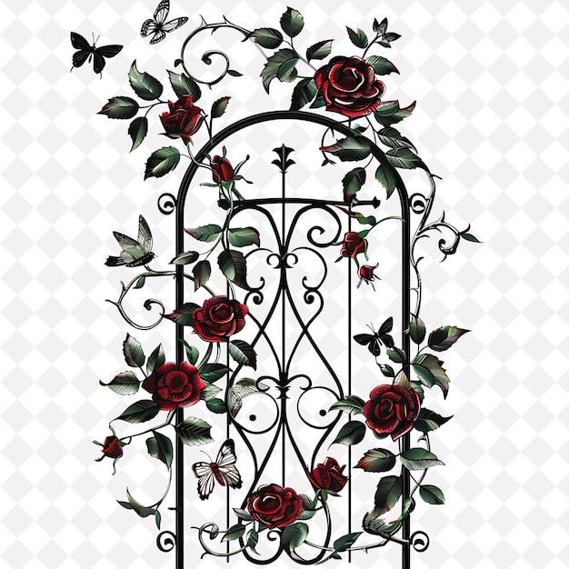 PSD victorian style trellis made from wrought iron decorated wit outline natural decorative design