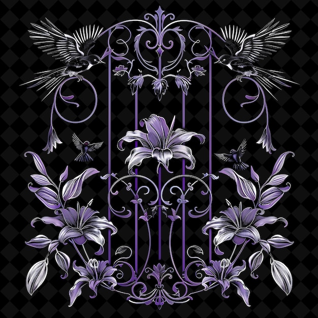 PSD victorian trellis made from wrought iron adorned with lilies outline natural decorative design