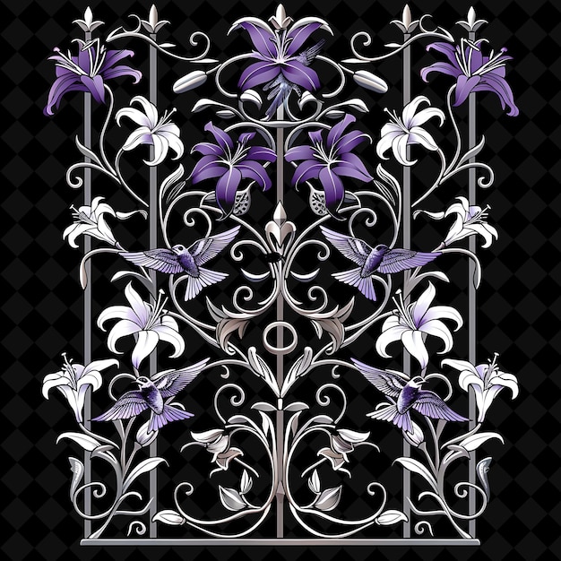 PSD victorian trellis made from wrought iron adorned with lilies outline natural decorative design