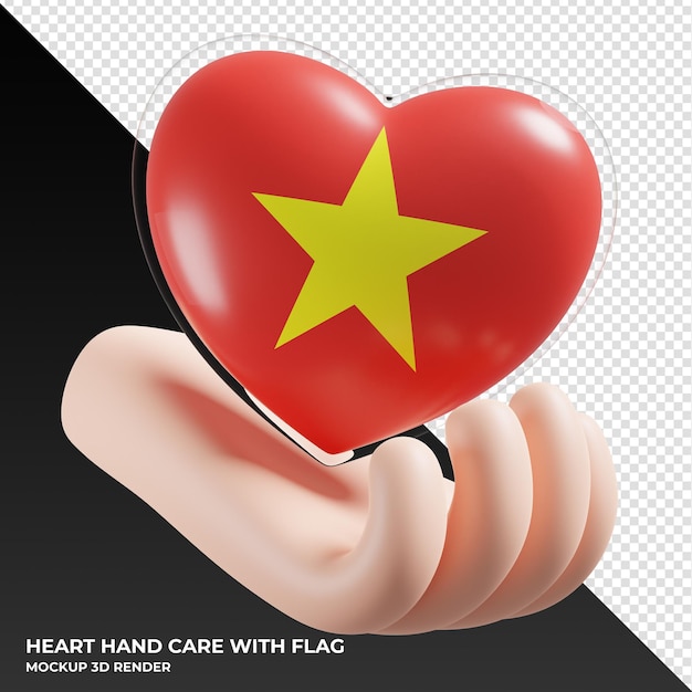 Vietnam flag with heart hand care realistic 3d textured