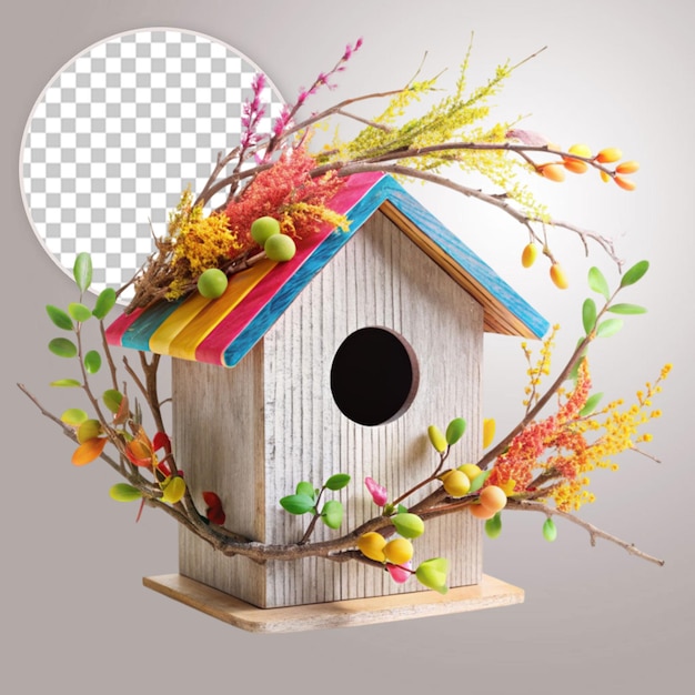 PSD view of birdhouse with blossoming spring flowers on transparent background