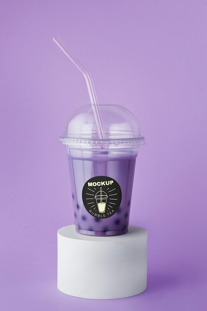 View of bubble tea in plastic cup with straw