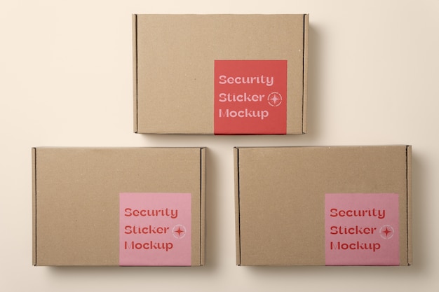 PSD view of cardboard box with security sticker