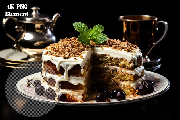 View of a carrot cake on transparent background