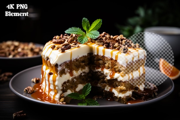 View of a carrot cake on transparent background