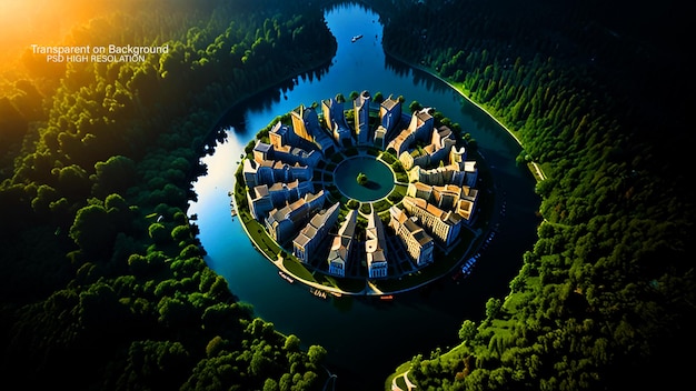 View of city with apartment buildings and green vegetation on background