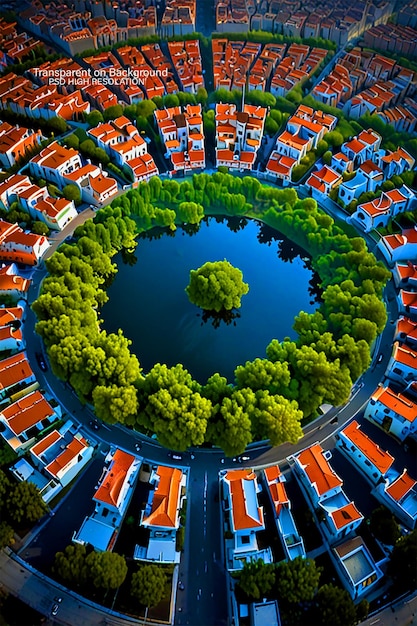 PSD view of city with apartment buildings and green vegetation on background