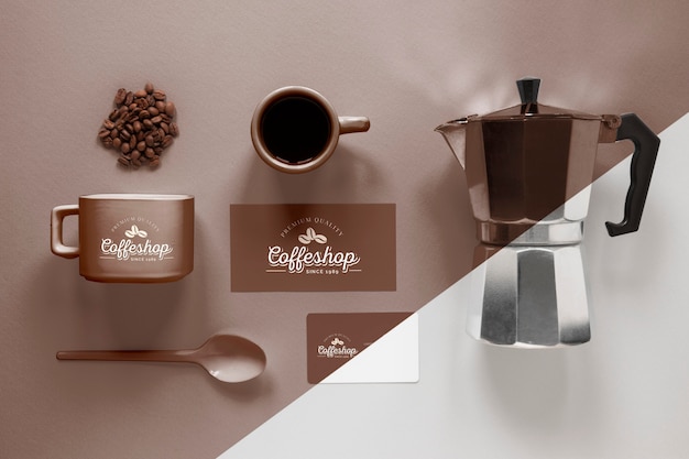 Above view coffee branding items arrangement