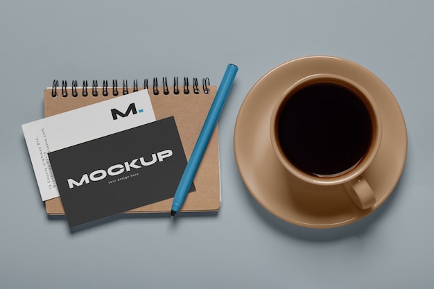 View of coffee cup with professional business card mock-up