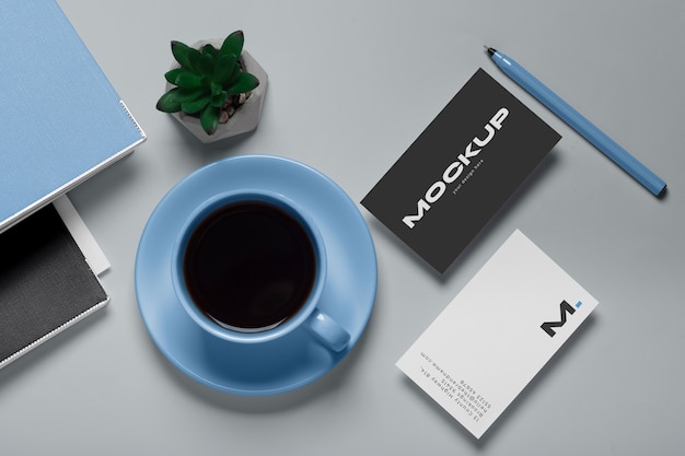 View of coffee cup with professional business card mock-up