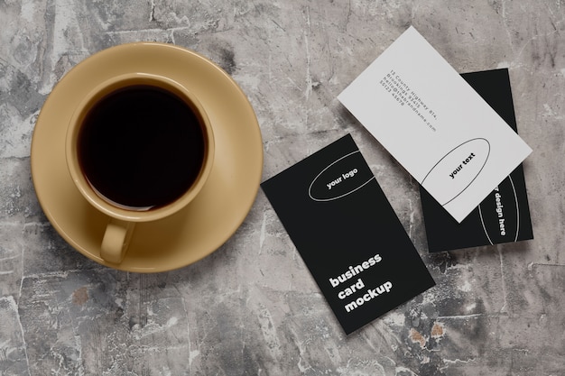 View of coffee cup with professional business card mock-up