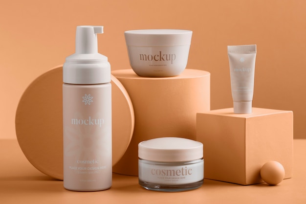 View of cosmetic product with apricot color background