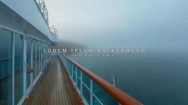 PSD view of foggy day and blue ocean from outside deck of cruise ship