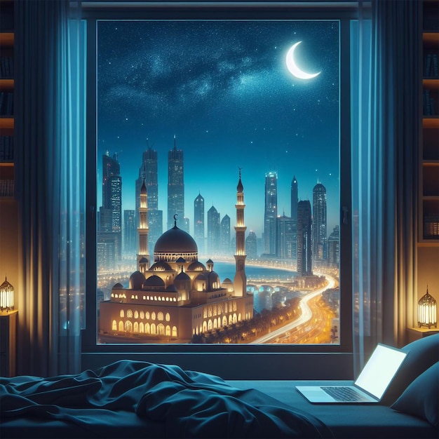 View from window on the muslim mosque and the crescent moon at night