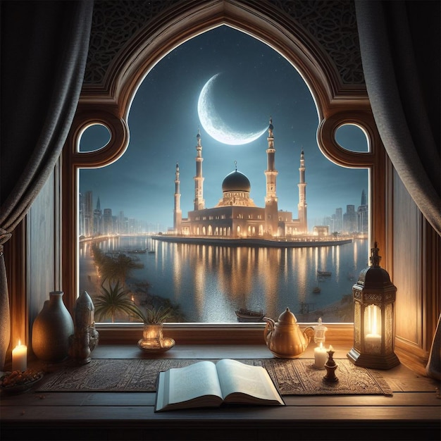 View from window on the muslim mosque and the crescent moon at night