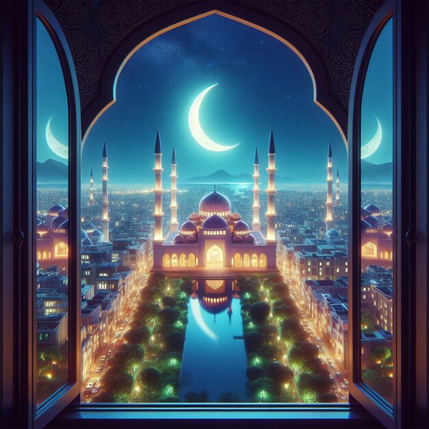 View from window on the muslim mosque and the crescent moon at night