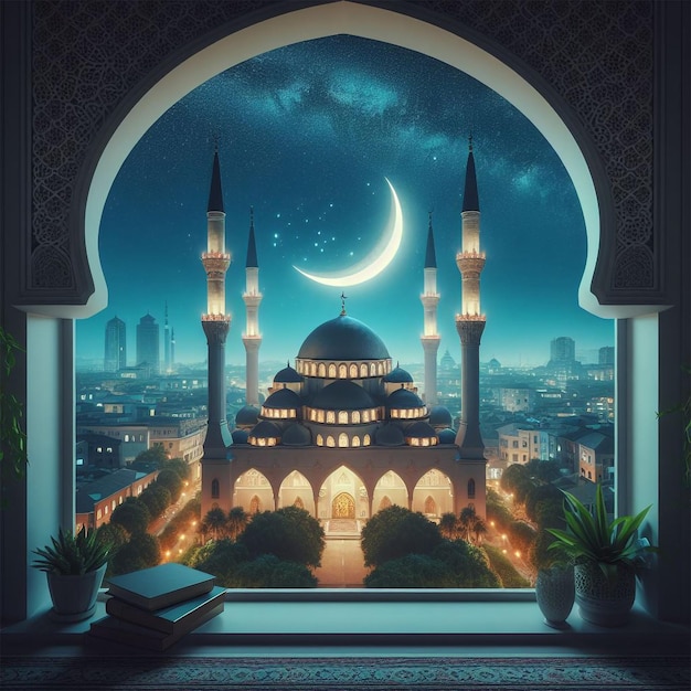 View from window on the muslim mosque and the crescent moon at night