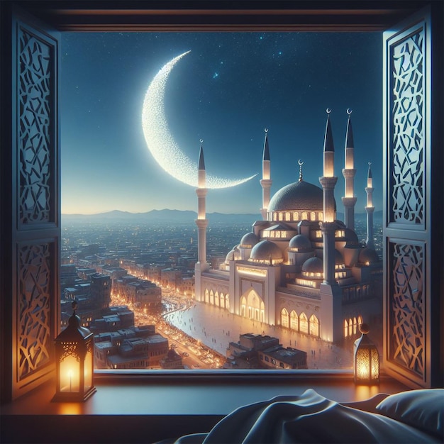 View from window on the muslim mosque and the crescent moon at night