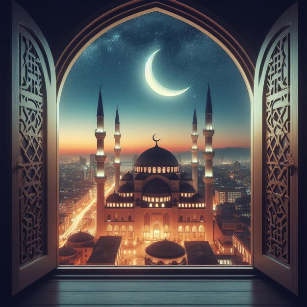 View from window on the muslim mosque and the crescent moon at night