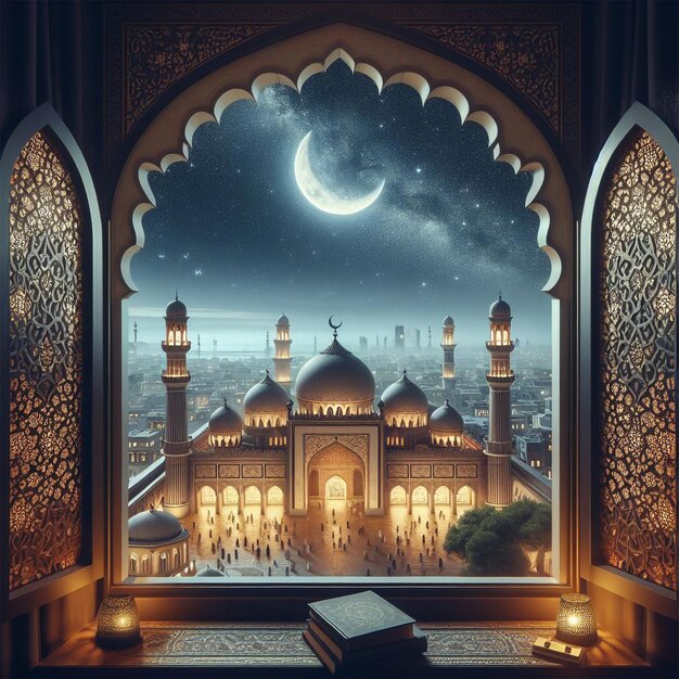 View from window on the muslim mosque and the crescent moon at night