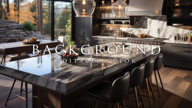 View of a luxury kitchen with marble countertops and kitchen appliances