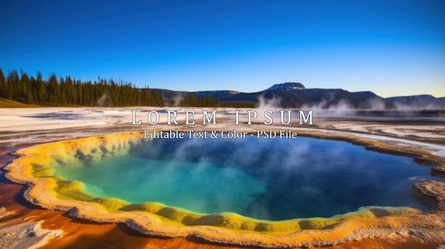 PSD view of the multicolored opal pool in yellowstone national park with blue skies