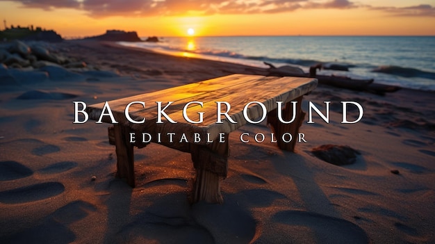 View of an old wooden seafront table on a beach landscape with sunset