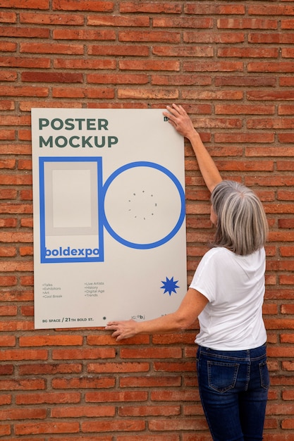 View of person sticking exterior poster mock-up on wall