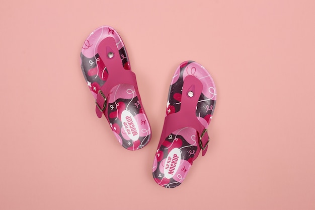 Above view pink flip flops in studio