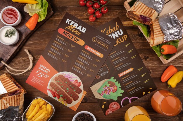 PSD above view tasty kebab menu assortment