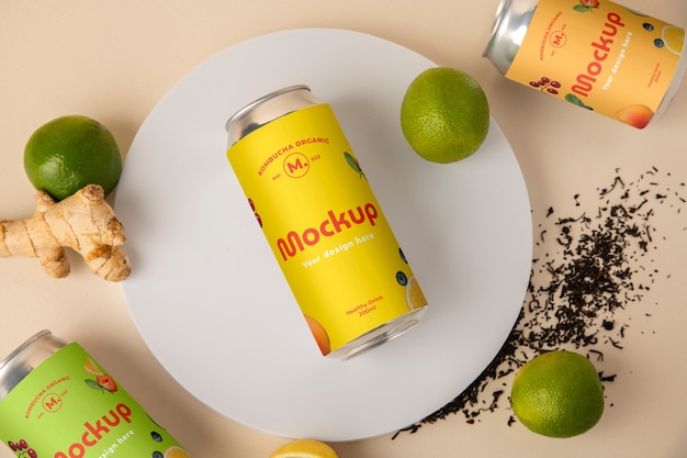 PSD view of tin can with mock-up label for kombutcha drink