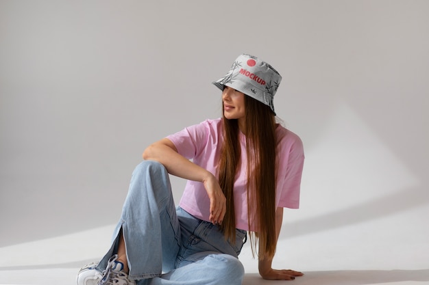 PSD view of woman wearing a stylish bucket hat