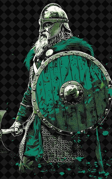 PSD viking portrait with iron helmet and chainmail holding a shi png illustration character designs