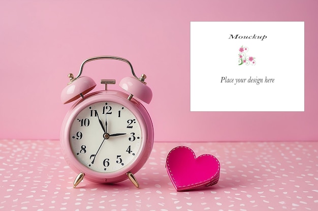 Vintage Alarm Clock and Pink Heart with space copy on pink polka dot background